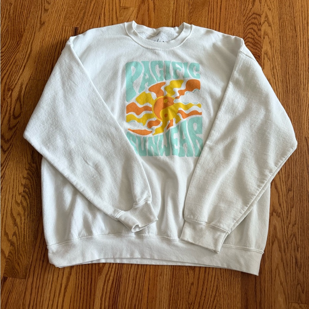 PacSun White Sweatshirt with Orange and Blue Graphic